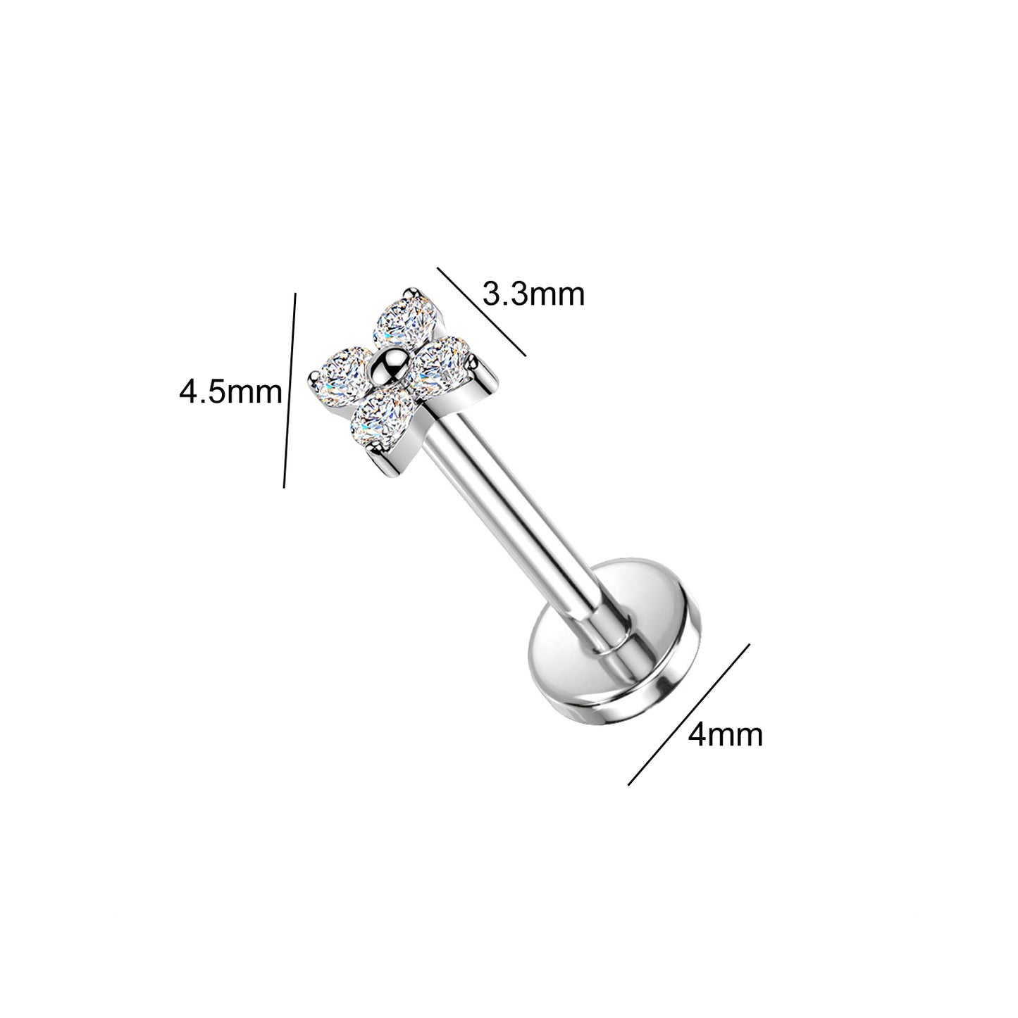 Titanium 4 Stone CZ Flower Threadless Flat Back Stud