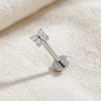 Titanium 4 Stone CZ Flower Threadless Flat Back Stud