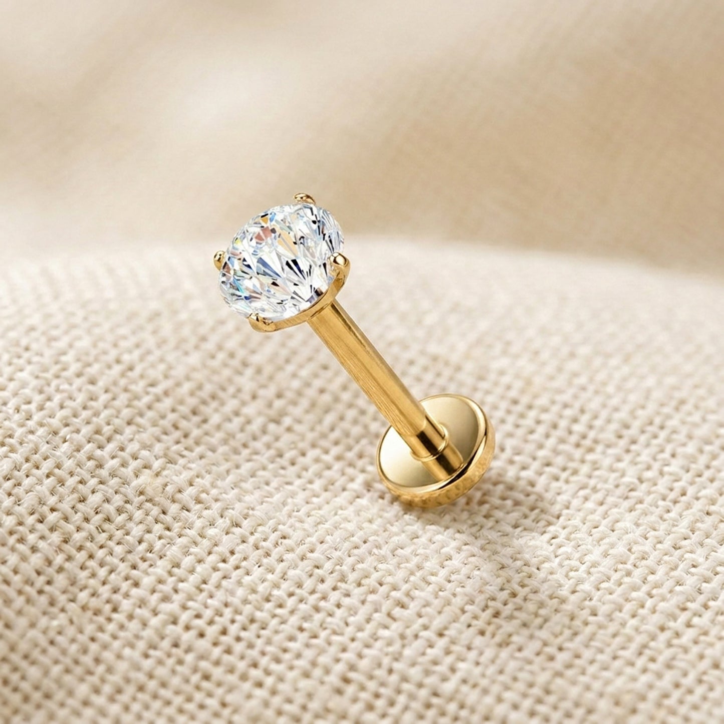 Titanium Firework Cut CZ Prong Threadless Flat Back Stud