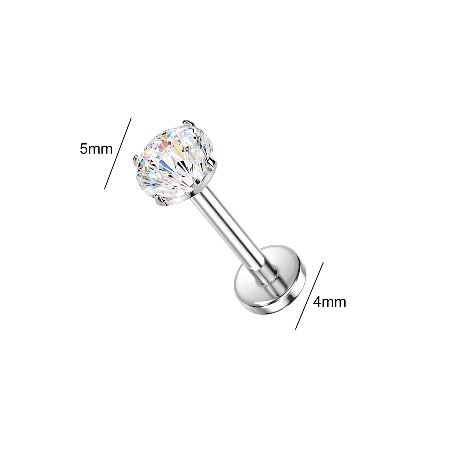 Titanium Firework Cut CZ Prong Threadless Flat Back Stud