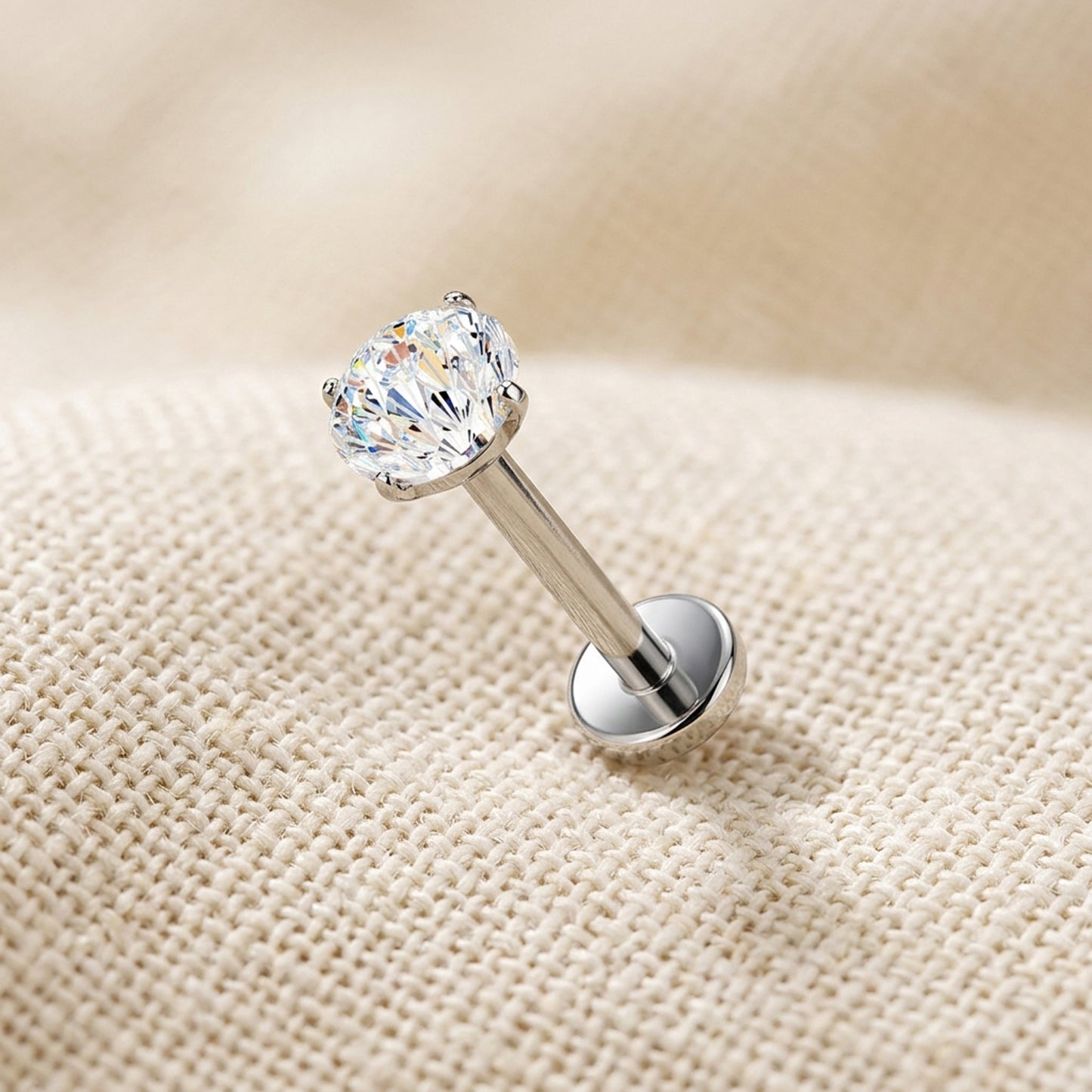 Titanium Firework Cut CZ Prong Threadless Flat Back Stud