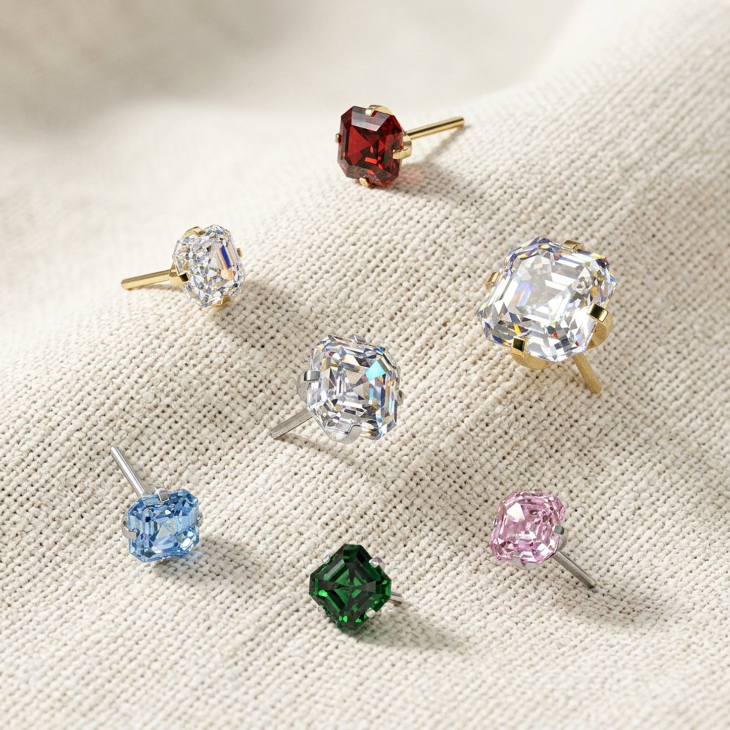 Titanium Asscher Cut Square CZ Prong Threadless Flat Back Stud