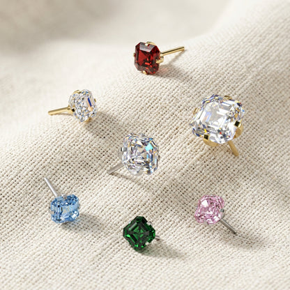 Titanium Asscher Cut Square CZ Prong Threadless Flat Back Stud