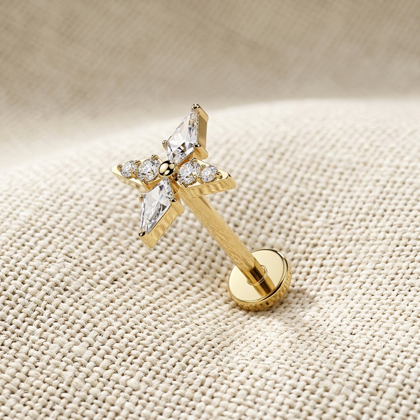 Titanium Spear and Round CZ Cross Threadless Flat Back Stud