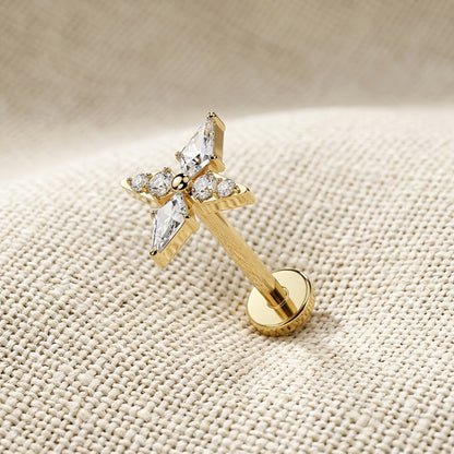Titanium Spear and Round CZ Cross Threadless Flat Back Stud