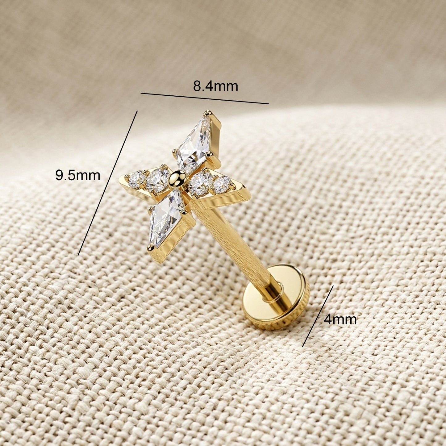 Titanium Spear and Round CZ Cross Threadless Flat Back Stud