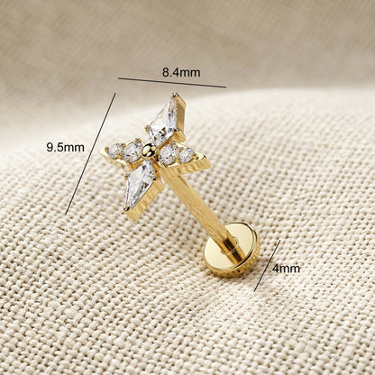 Titanium Spear and Round CZ Cross Threadless Flat Back Stud