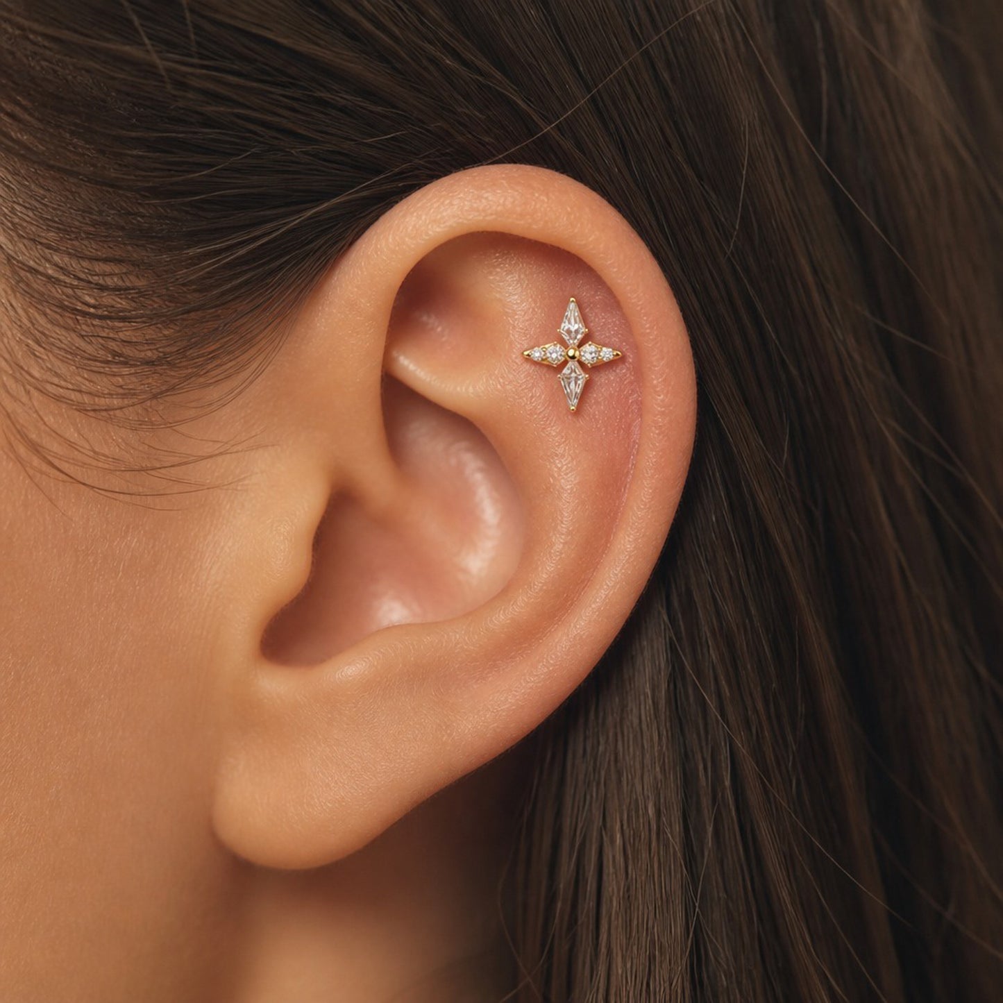 Titanium Spear and Round CZ Cross Threadless Flat Back Stud