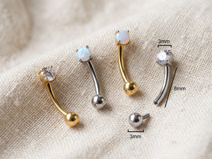 Titanium Prong Set Round CZ & Opal Curved Barbell 16G
