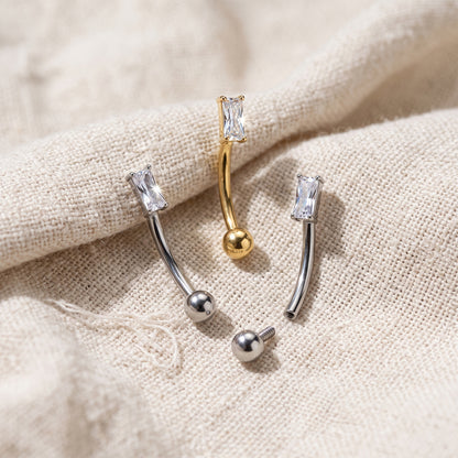 Titanium Prong Set Rectangle CZ Curved Barbell 16G