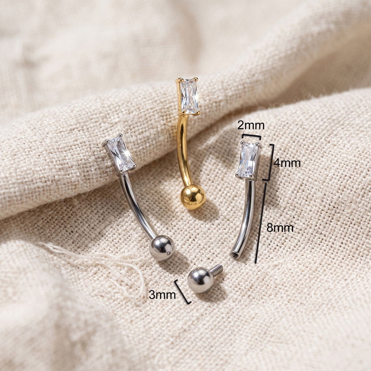 Titanium Prong Set Rectangle CZ Curved Barbell 16G