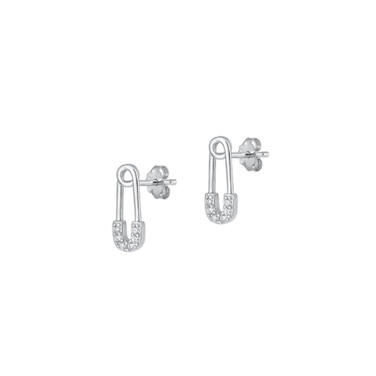 ✨ 925 Silver CZ Safety Pin Stud Earrings