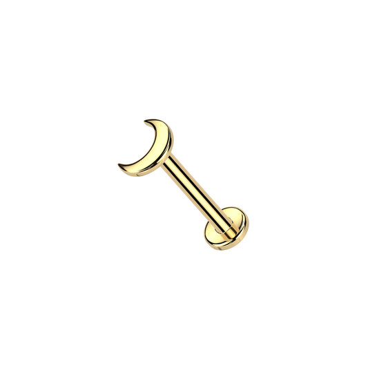 ✨ 14K Solid Yellow Gold 20G Flat Crescent Moon Top Threadless Labret Stud