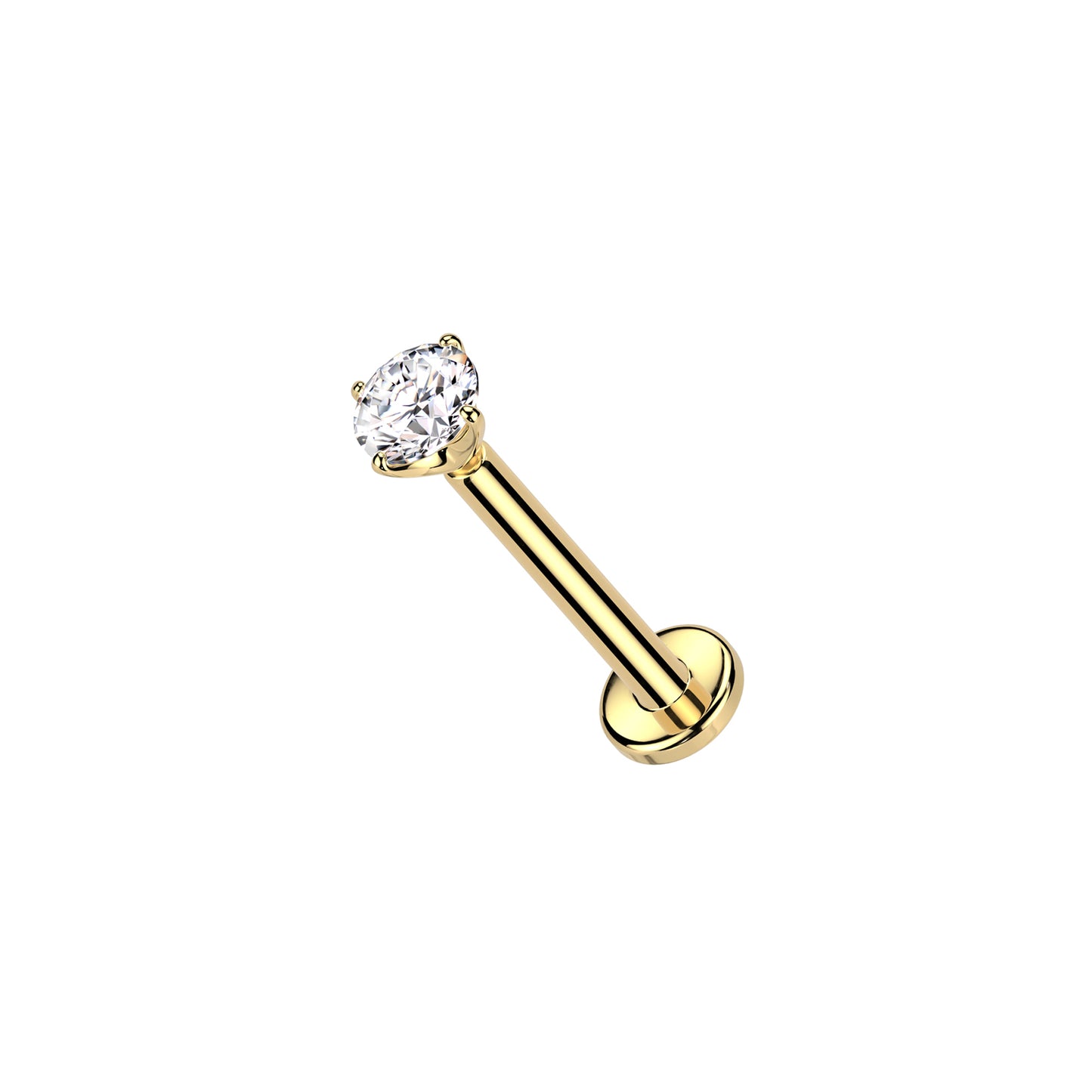 ✨ 14K Solid Yellow Gold 20G Prong Set CZ Top Threadless Labret Stud