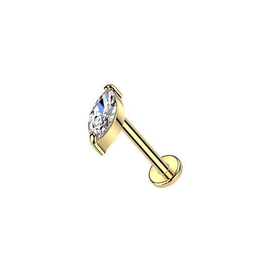 ✨ 14K Solid Yellow Gold 20G Marquise CZ Top Threadless Labret Stud