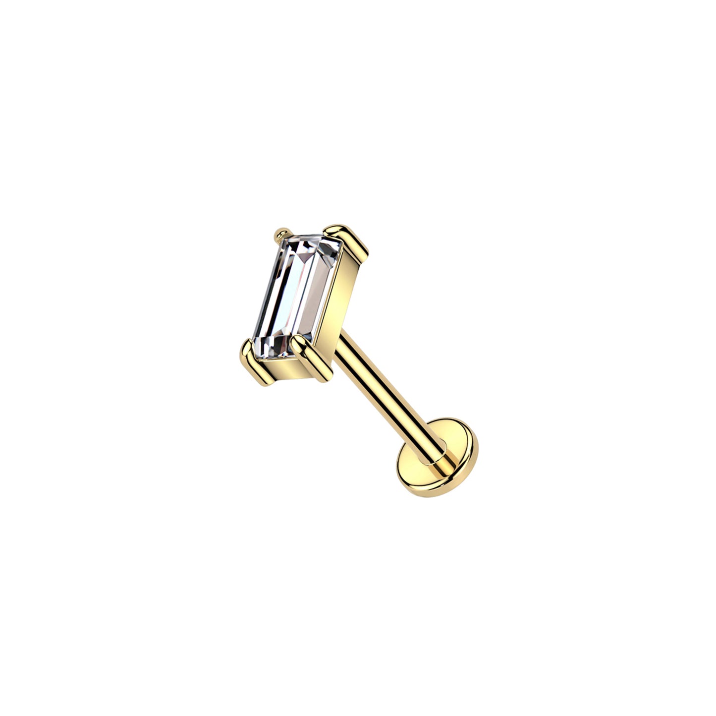 ✨ 14K Solid Yellow Gold 20G Baguette CZ Top Threadless Labret Stud