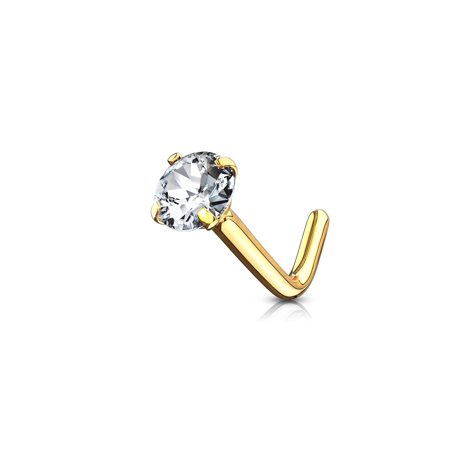 ✨ Solid 14K Gold Round CZ Prong Set L Bend Nose Stud