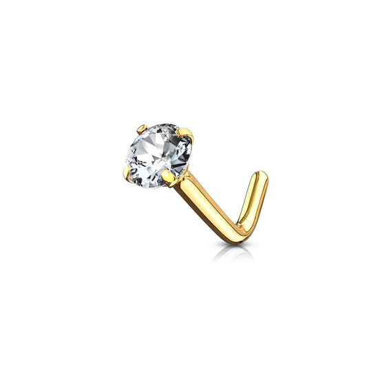 ✨ Solid 14K Gold Round CZ Prong Set L Bend Nose Stud