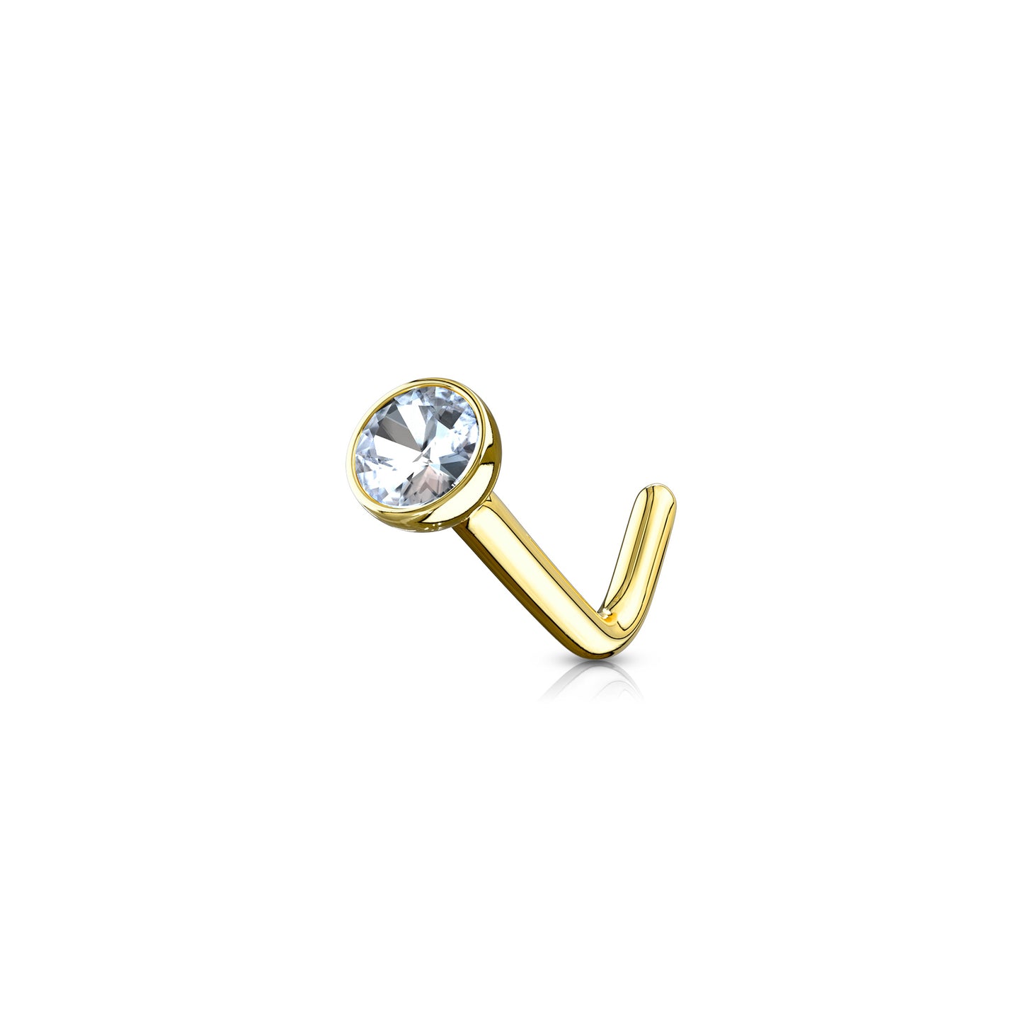 ✨ Solid 14K Gold L-Bend Nose Stud Ring with Round CZ Bezel Set