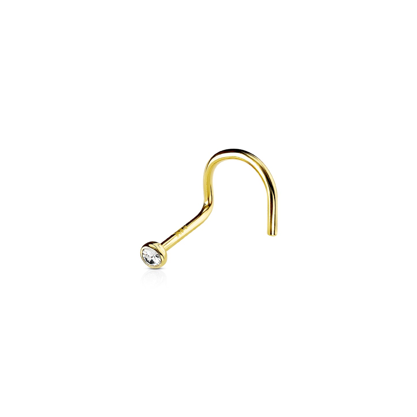 ✨ Solid 14K Gold L-Bend Nose Stud Ring with Round CZ Bezel Set