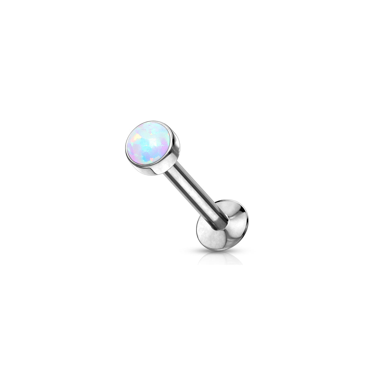 Surgical steel threadless labret with white opal for ear piercing