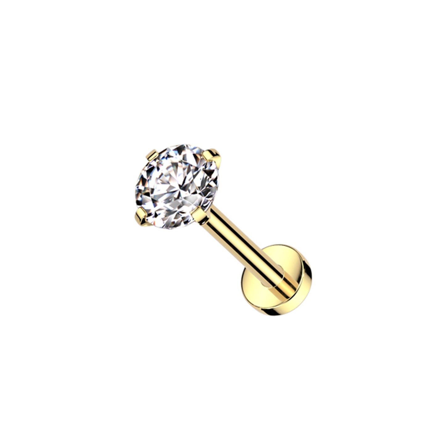 Gold titanium threadless labret with prong-set round CZ top
