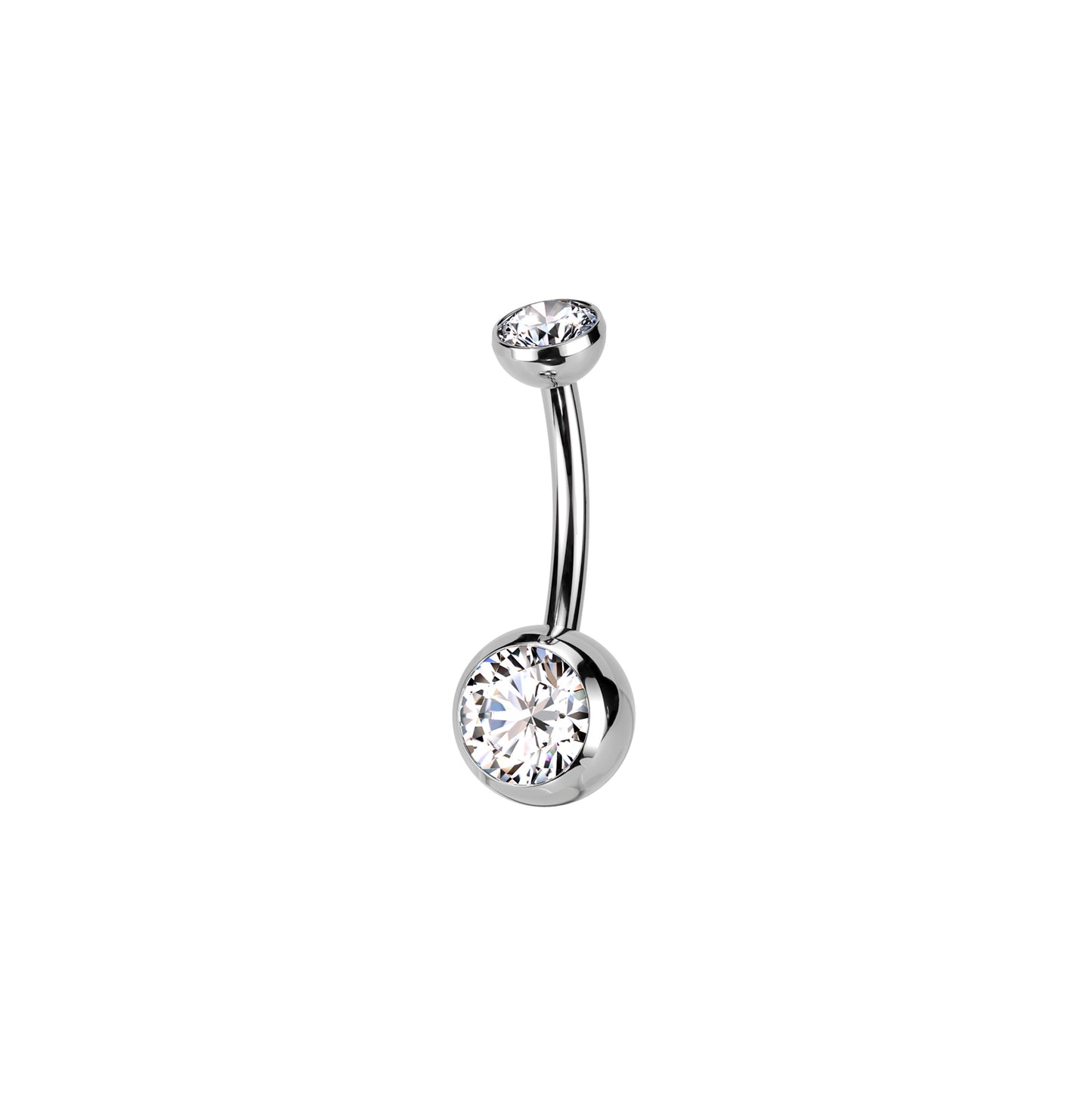 Titanium push-in belly button ring with round bezel-set CZ top
