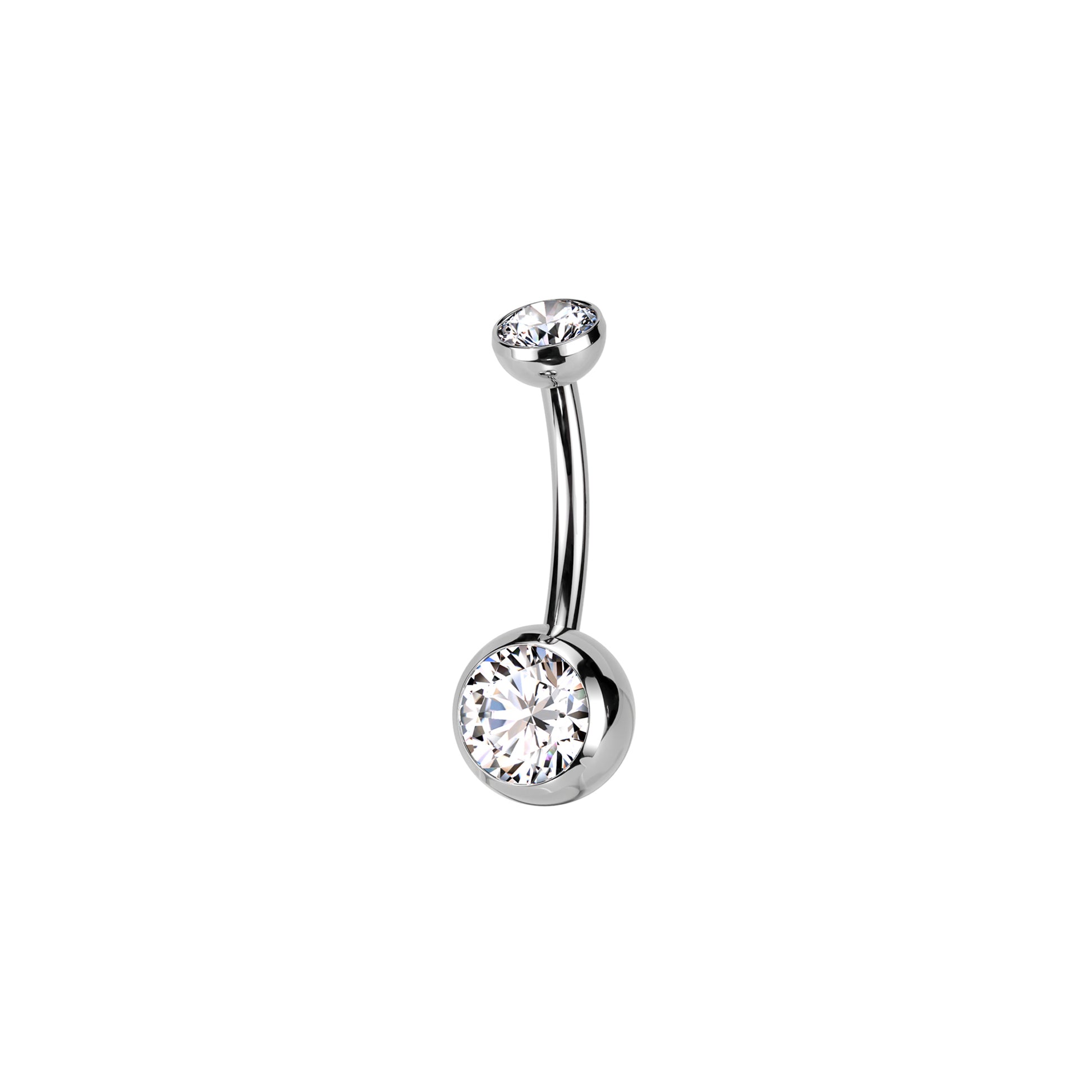 Titanium push-in belly button ring with round bezel-set CZ top
