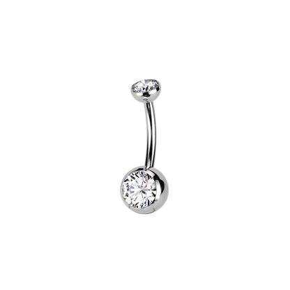 Titanium push-in belly button ring with round bezel-set CZ top
