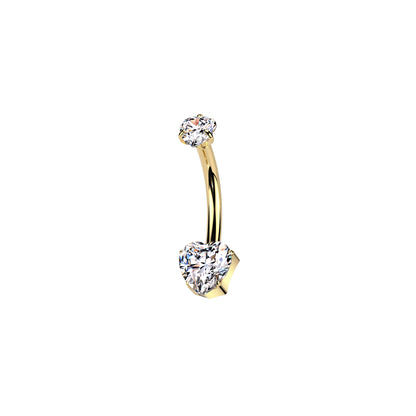 gold Titanium belly button ring with heart CZ top and bottom 14G
