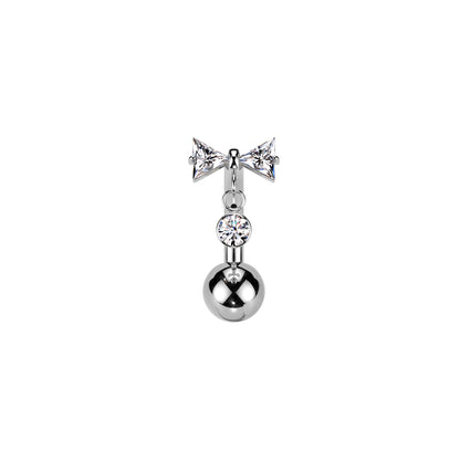 Titanium belly button ring with bowtie CZ dangle 14G curved barbell