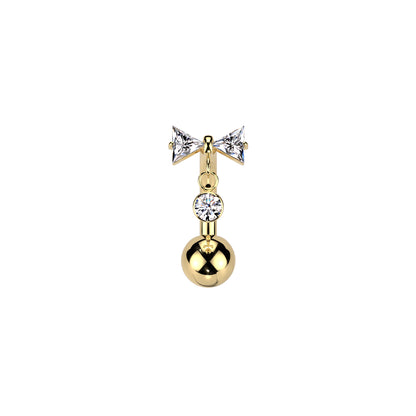 gold Titanium belly button ring with bowtie CZ dangle 14G curved barbell