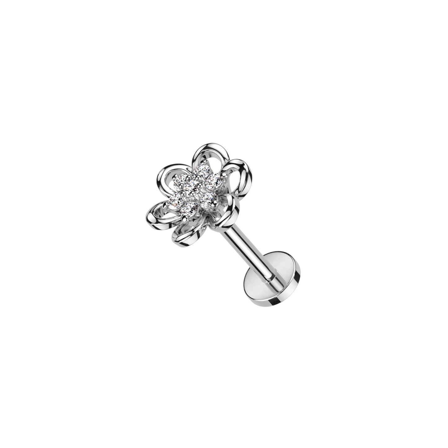 ✨ Surgical Steel Flower CZ Internally Threaded Flat Back Labret 16G