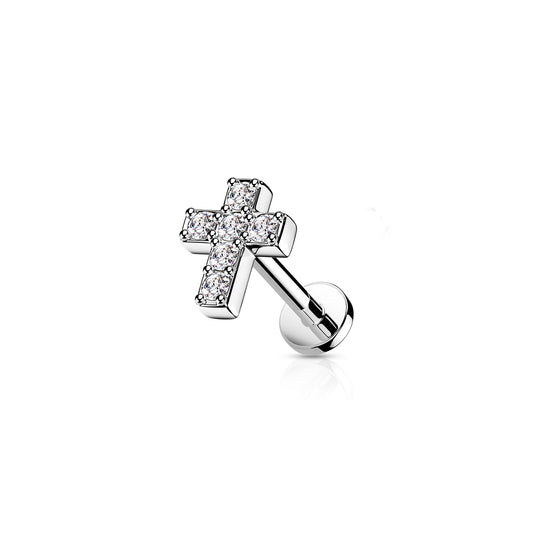 ✨ Surgical Steel Cross CZ Internally Threaded Flat Back Labret 16G