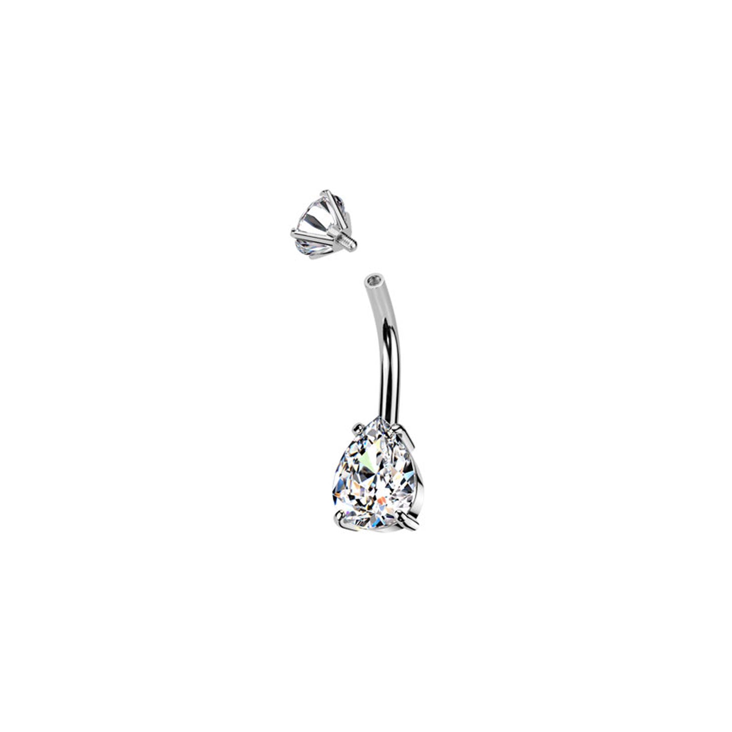 ✨ 316L Surgical Steel Internally Threaded Prong Set Teardrop CZ Belly Button Ring 14G 10mm