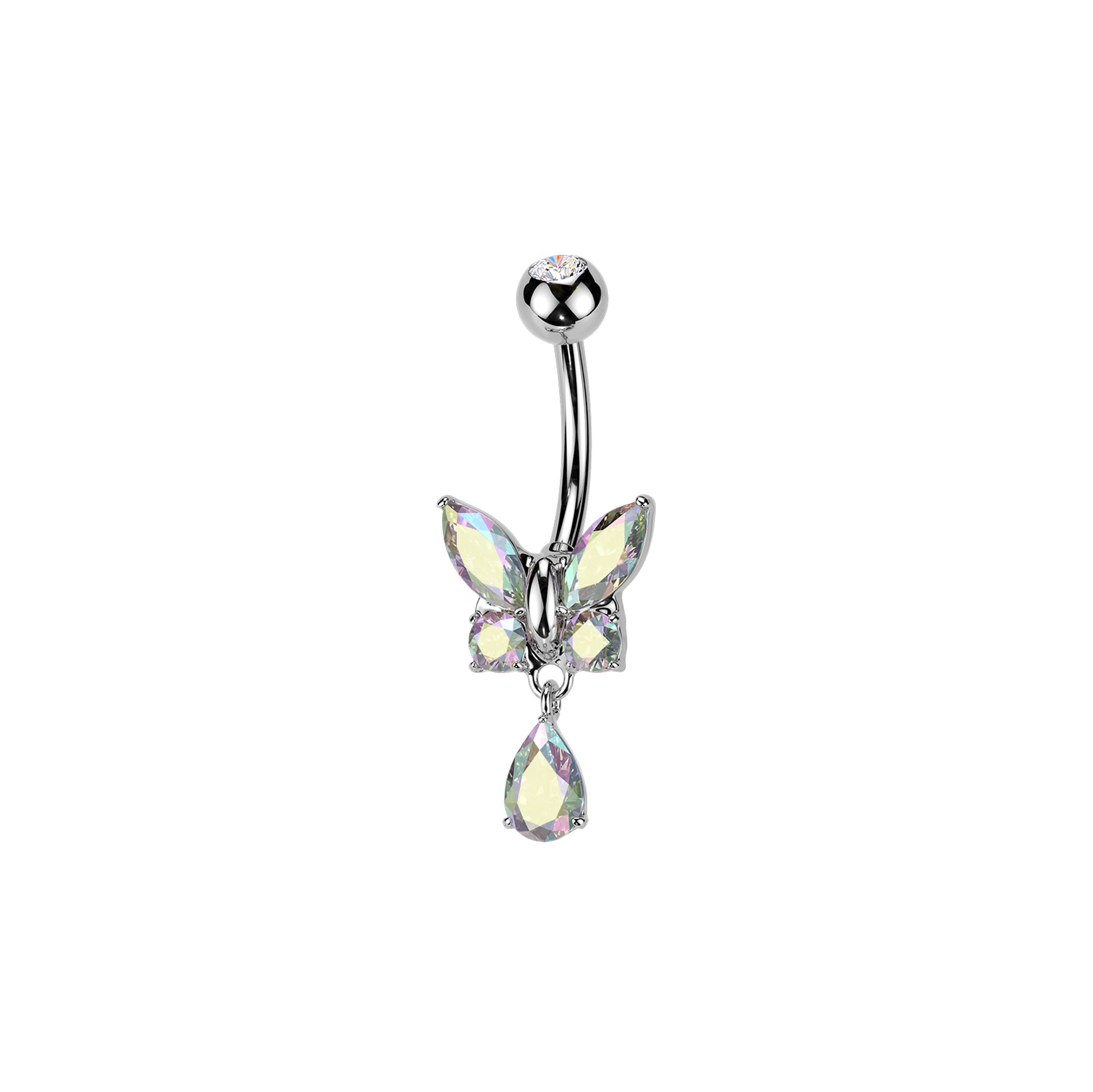 Surgical steel butterfly dangle belly button ring with ab CZ stones