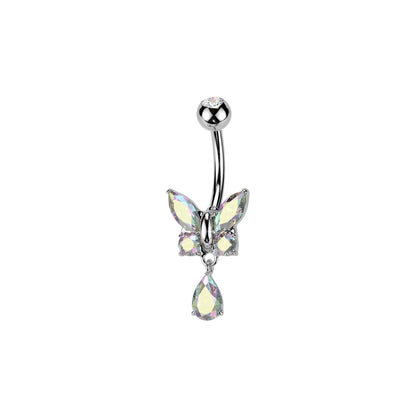 Surgical steel butterfly dangle belly button ring with ab CZ stones