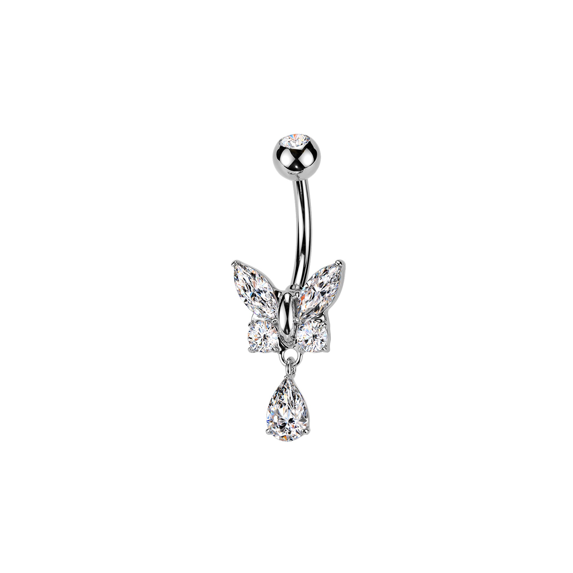 Surgical steel butterfly dangle belly button ring with CZ stones