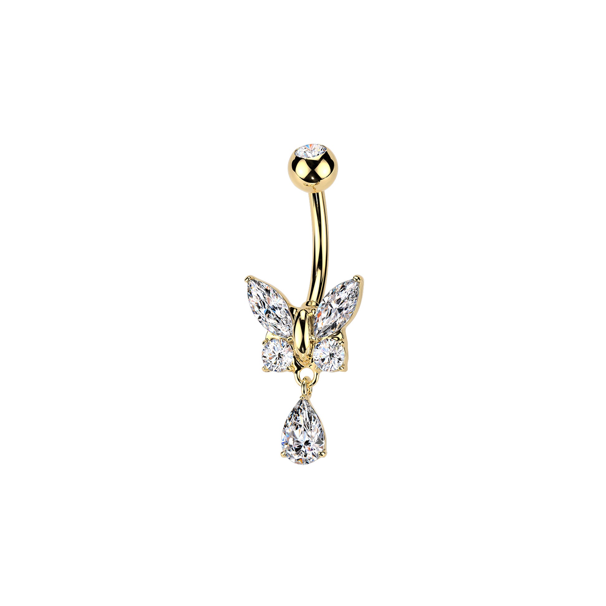 gold Surgical steel butterfly dangle belly button ring with CZ stones
