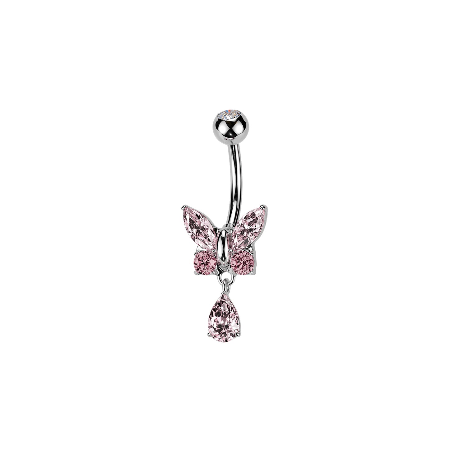 Surgical steel butterfly dangle belly button ring with pink CZ stones