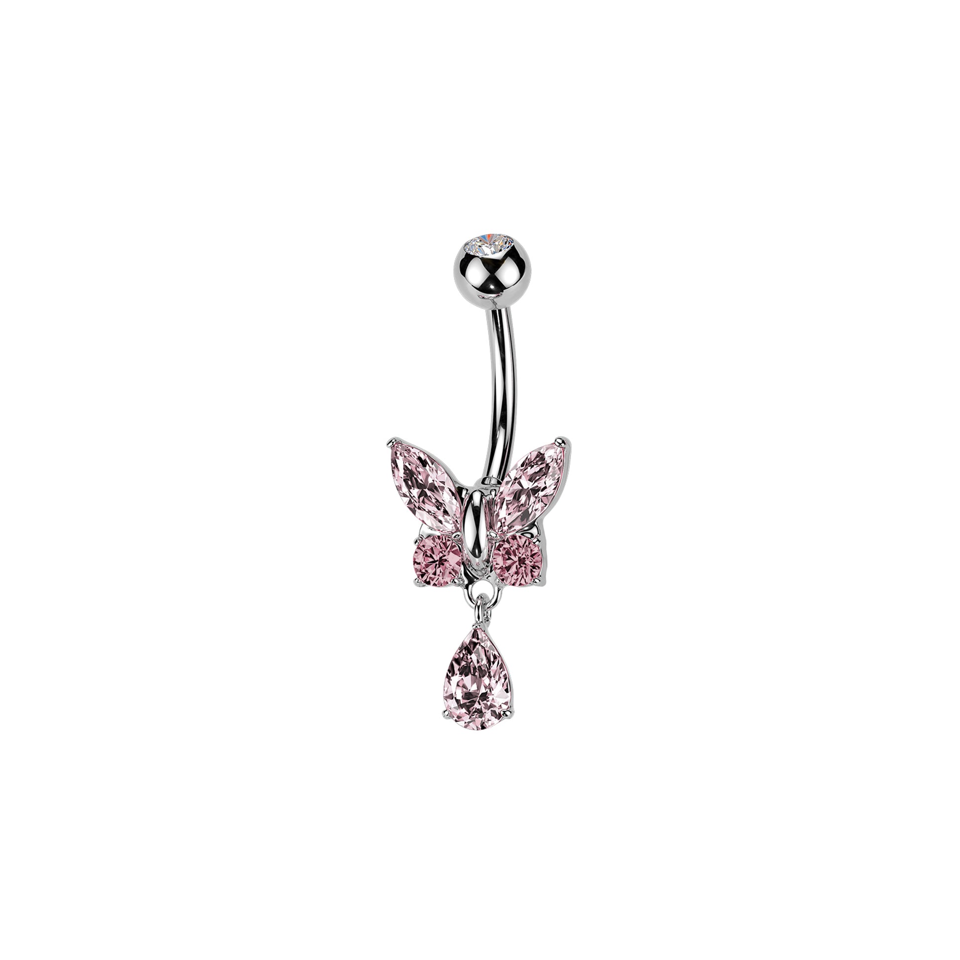 Surgical steel butterfly dangle belly button ring with pink CZ stones