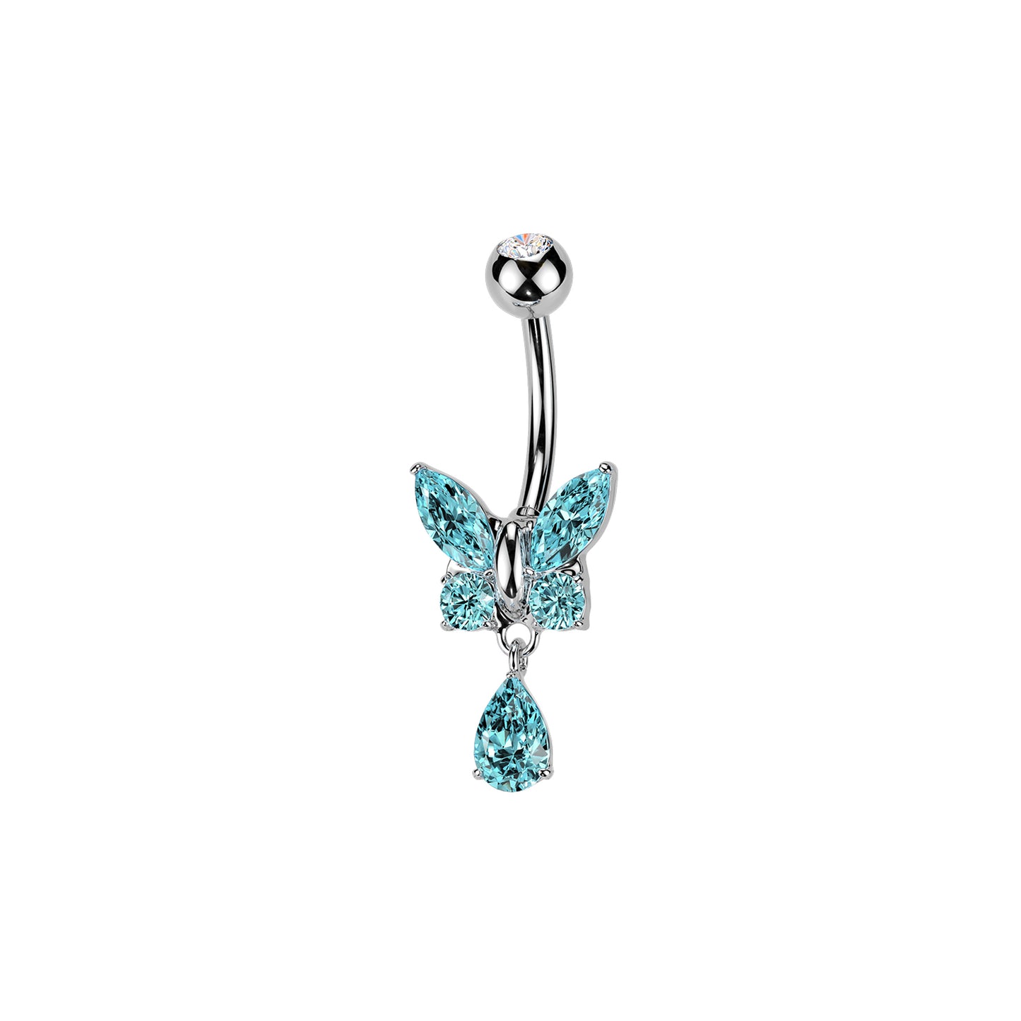 Surgical steel butterfly dangle belly button ring with aqua blue CZ stones