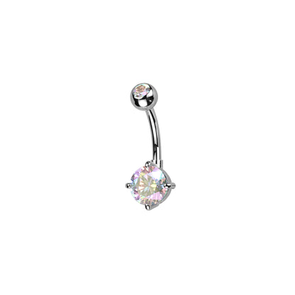 Titanium belly ring with CZ top and round brass prong-set CZ for navel piercing