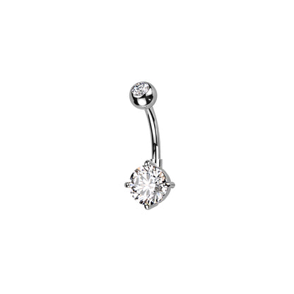 Titanium belly ring with CZ top and round brass prong-set CZ for navel piercing