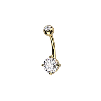 Titanium belly ring with CZ top and round brass prong-set CZ for navel piercing