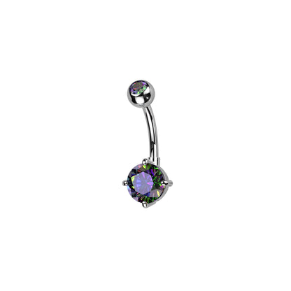 Titanium belly ring with CZ top and round brass prong-set CZ for navel piercing