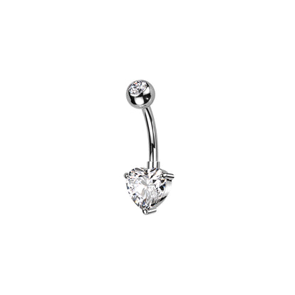 Titanium belly ring with CZ top and heart-shaped brass prong CZ for navel piercing