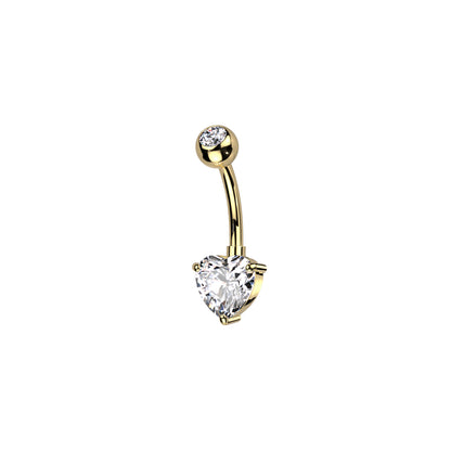 Titanium belly ring with CZ top and heart-shaped brass prong CZ for navel piercing