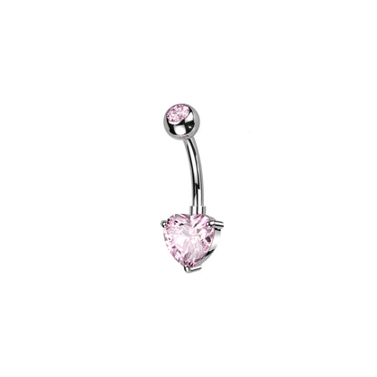 Titanium belly ring with CZ top and heart-shaped brass prong CZ for navel piercing