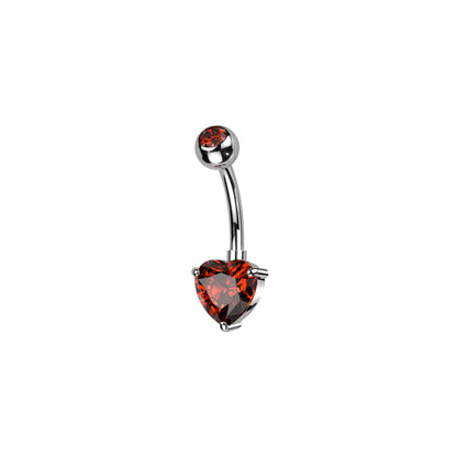 Titanium belly ring with CZ top and heart-shaped brass prong CZ for navel piercing